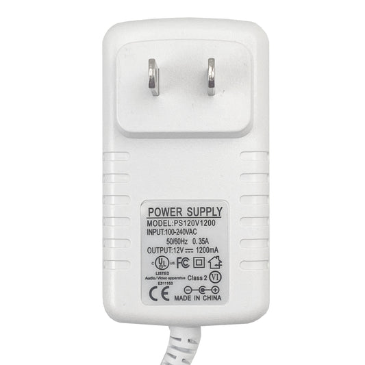 Close-up of replacement 12V 1200mA power supply specs label and North American plug for MINI Neon Hearts by Our Glowing Hearts