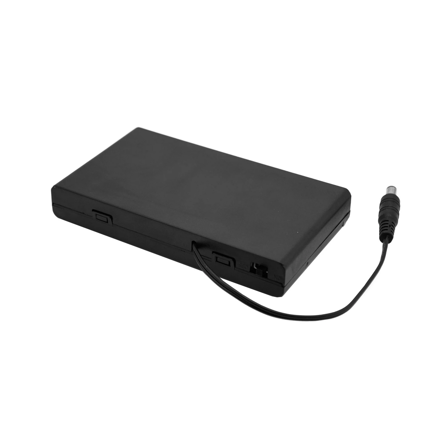 Back view of 12V battery holder showing on-off switch and DC barrel connector cable for Our Glowing Hearts LED neon art