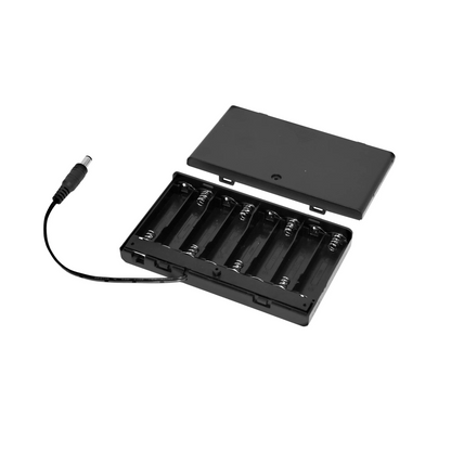 12V battery holder open showing 8 AA battery slots with DC barrel connector for powering Our Glowing Hearts LED neon art wirelessly