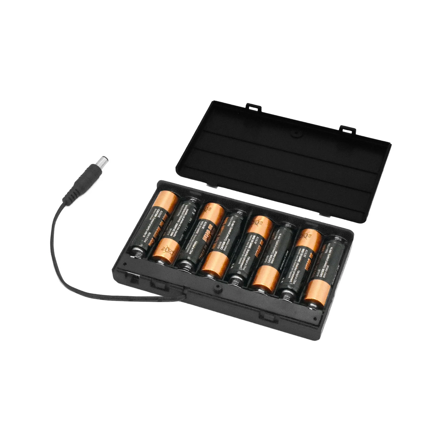 12V battery holder open with 8 AA batteries installed and DC connector cable for portable LED neon power by Our Glowing Hearts