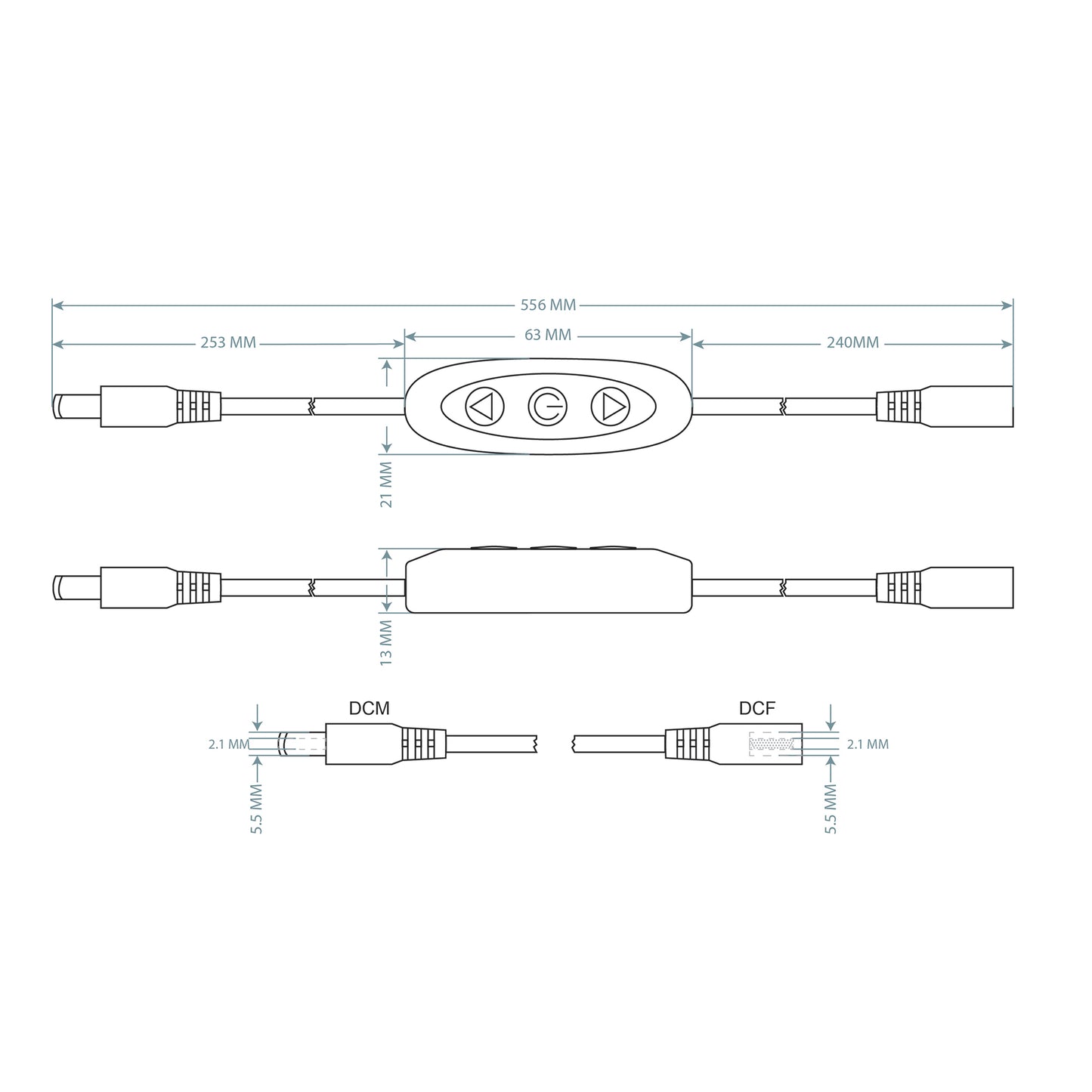 Technical drawing with dimensions of LED neon dimmer controller showing 556mm total length DCM and DCF connector details by Our Glowing Hearts