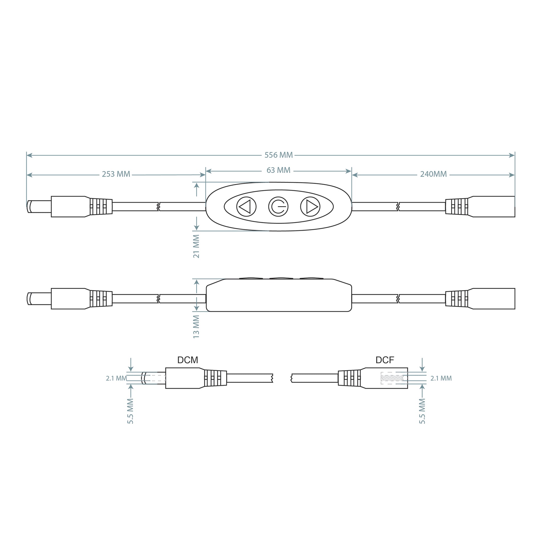 Technical drawing with dimensions of LED neon dimmer controller showing 556mm total length DCM and DCF connector details by Our Glowing Hearts