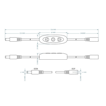 Technical drawing with dimensions of LED neon dimmer controller showing 556mm total length DCM and DCF connector details by Our Glowing Hearts