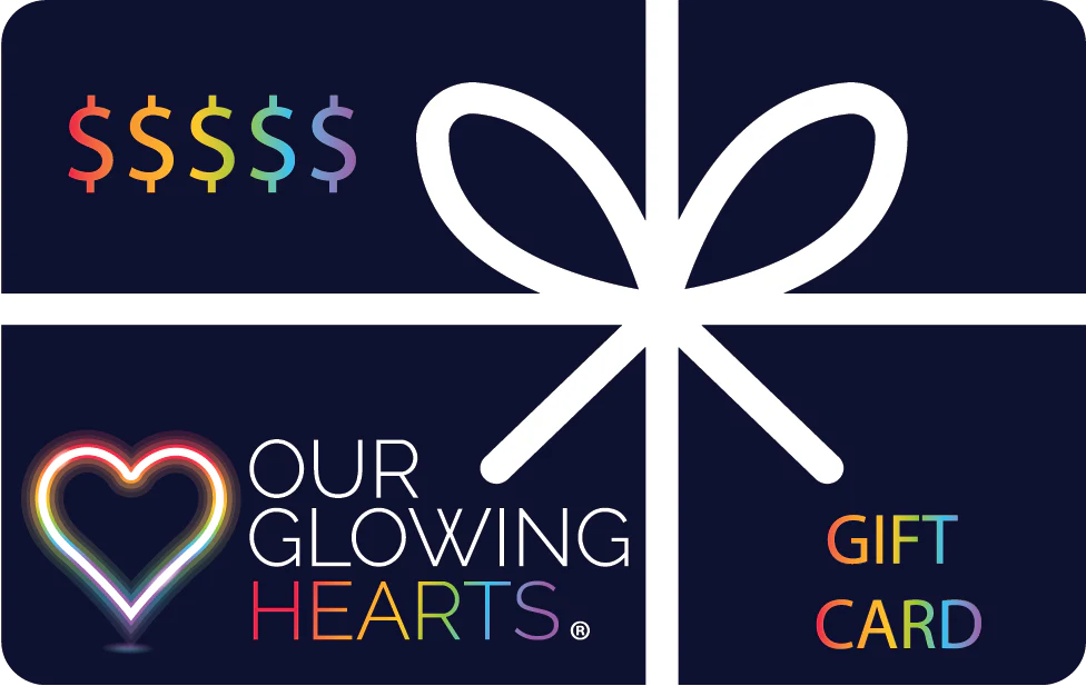 Our Glowing Hearts digital gift card with rainbow neon heart logo and white ribbon bow design - perfect gift for neon heart art lovers