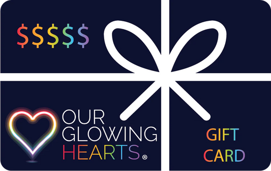Our Glowing Hearts digital gift card with rainbow neon heart logo and white ribbon bow design - perfect gift for neon heart art lovers