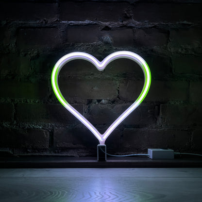 Neon Queer Heart art in agender pride flag colors - green and white LED neon heart light mode by Our Glowing Hearts