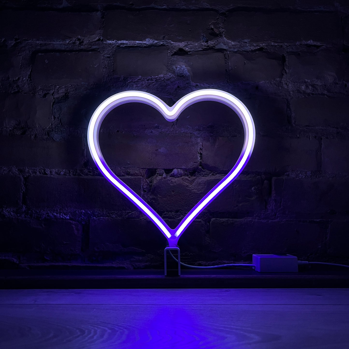 Neon Queer Heart art in asexual pride flag colors - white and purple LED neon heart light mode by Our Glowing Hearts