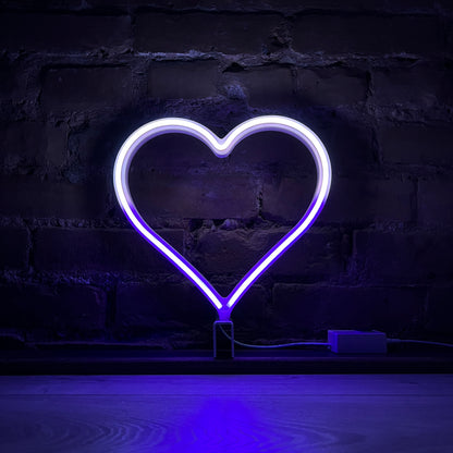 Neon Queer Heart art in asexual pride flag colors - white and purple LED neon heart light mode by Our Glowing Hearts