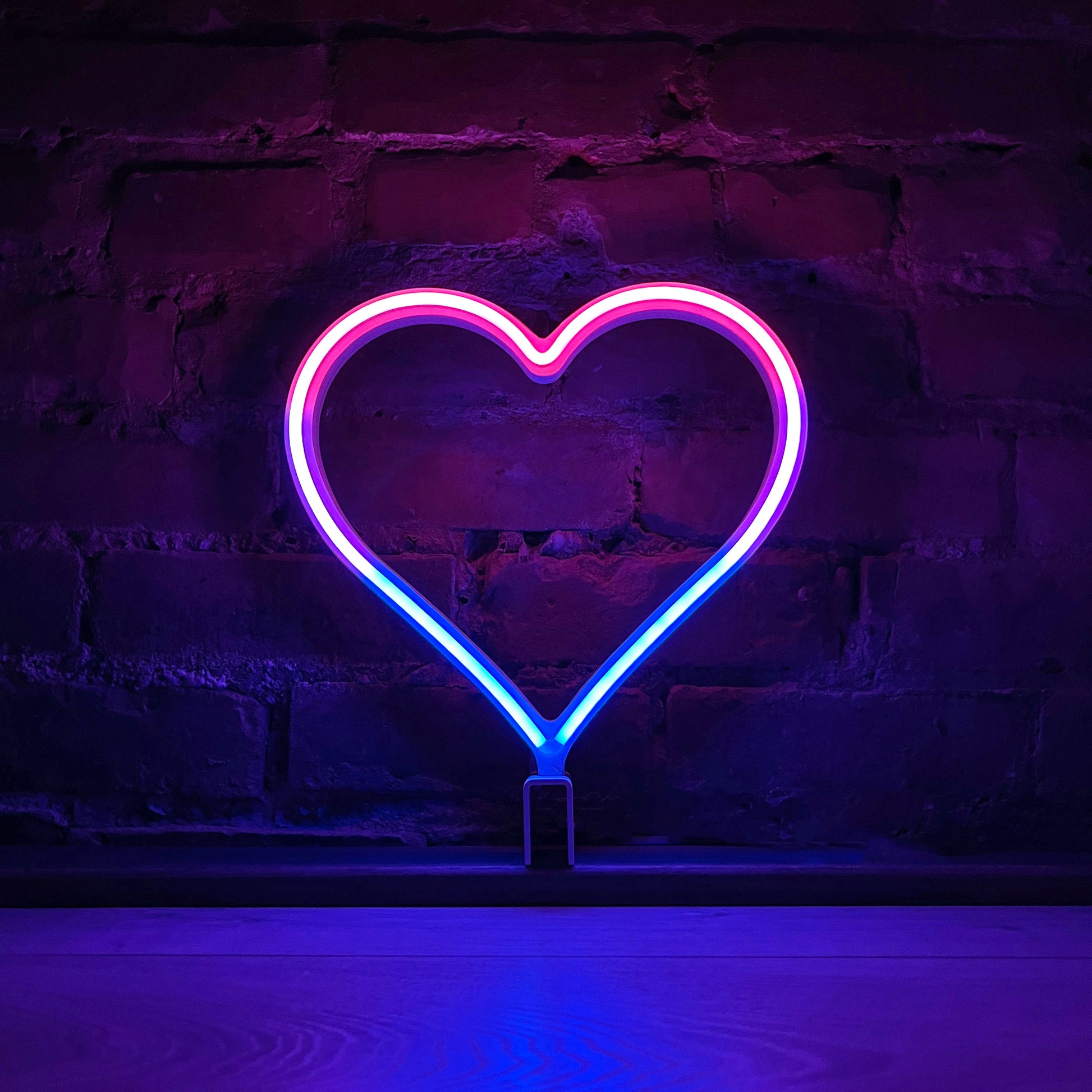 Neon Queer Heart art in bisexual pride flag colors - pink and blue LED neon heart light mode by Our Glowing Hearts