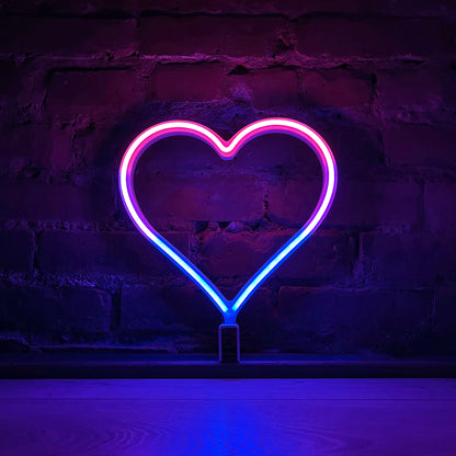 Neon Queer Heart art in bisexual pride flag colors - pink and blue LED neon heart light mode by Our Glowing Hearts