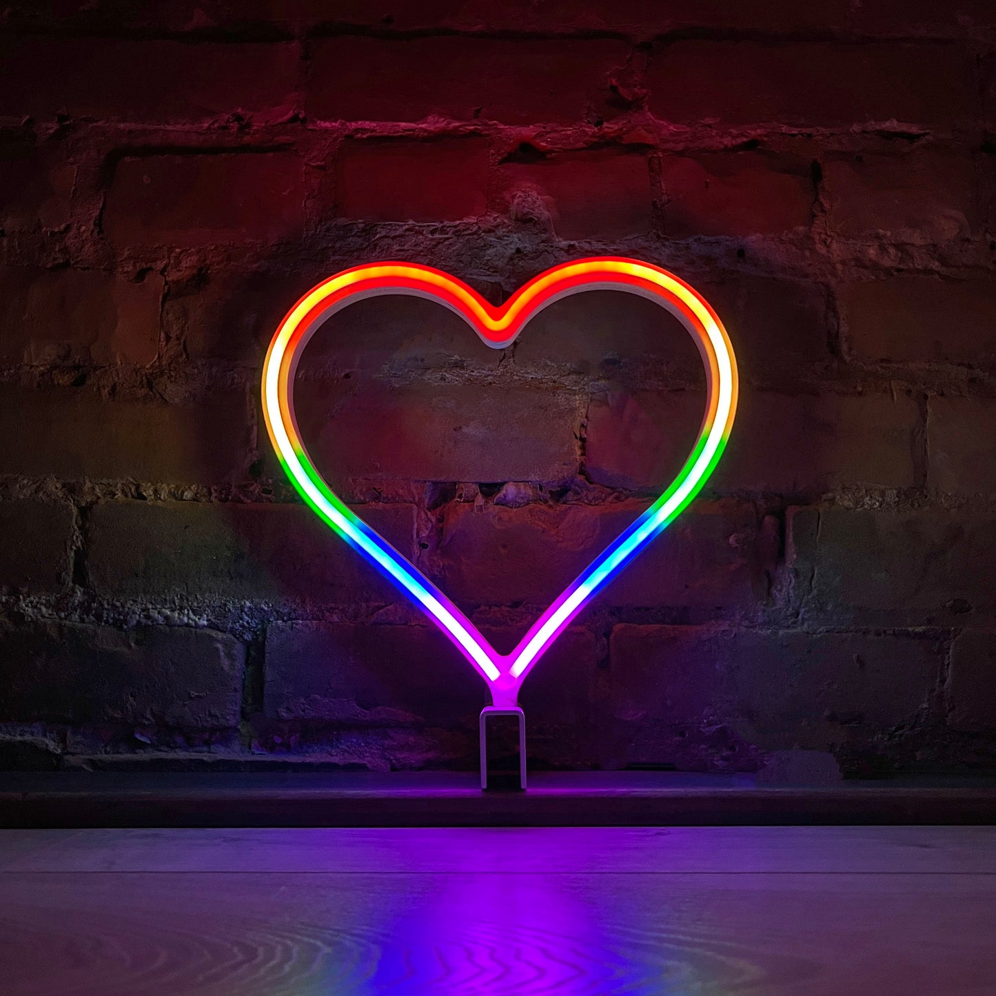 Neon Queer Heart art in gay pride rainbow flag colors - rainbow LED neon heart light mode by Our Glowing Hearts