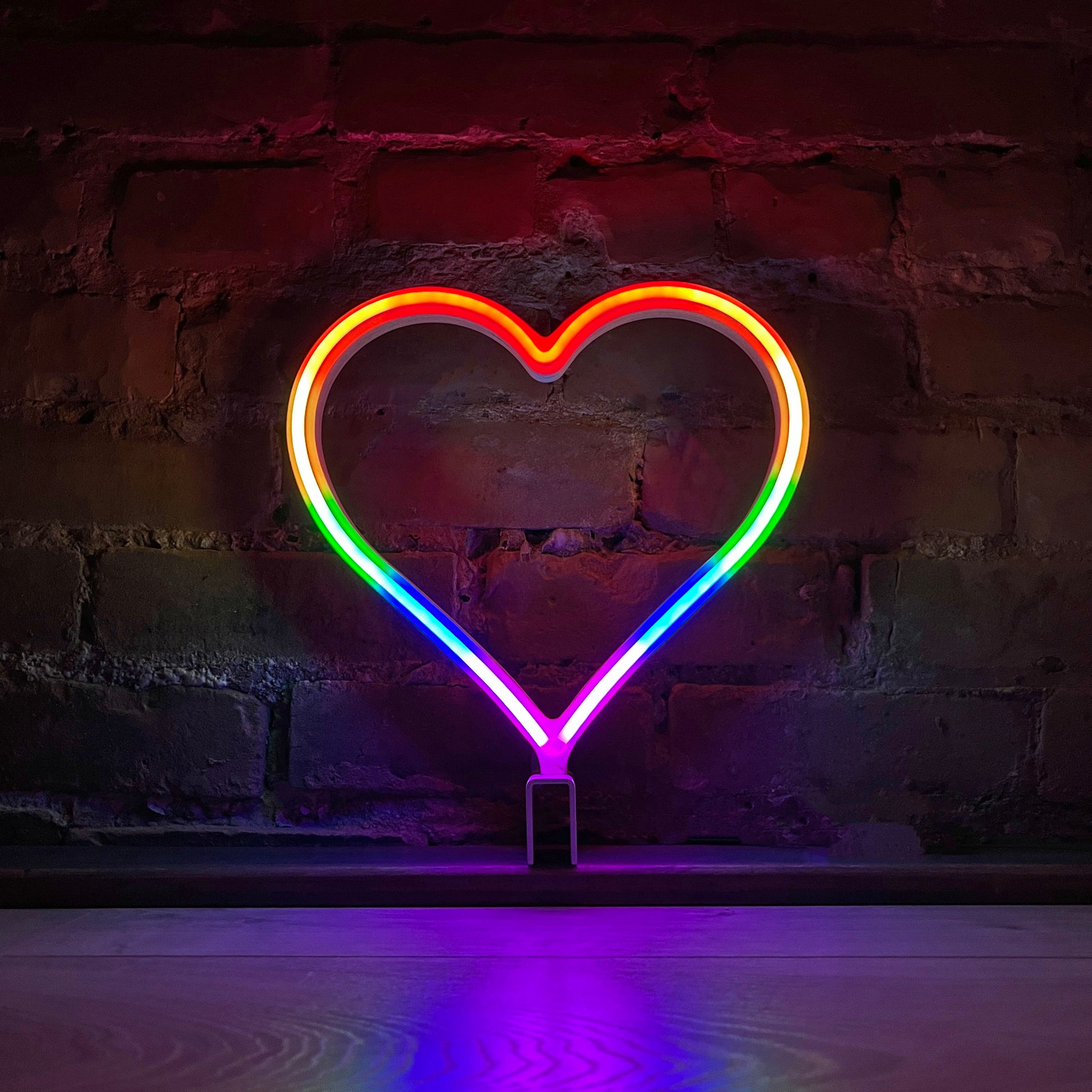 Neon Queer Heart art in gay pride rainbow flag colors - rainbow LED neon heart light mode by Our Glowing Hearts