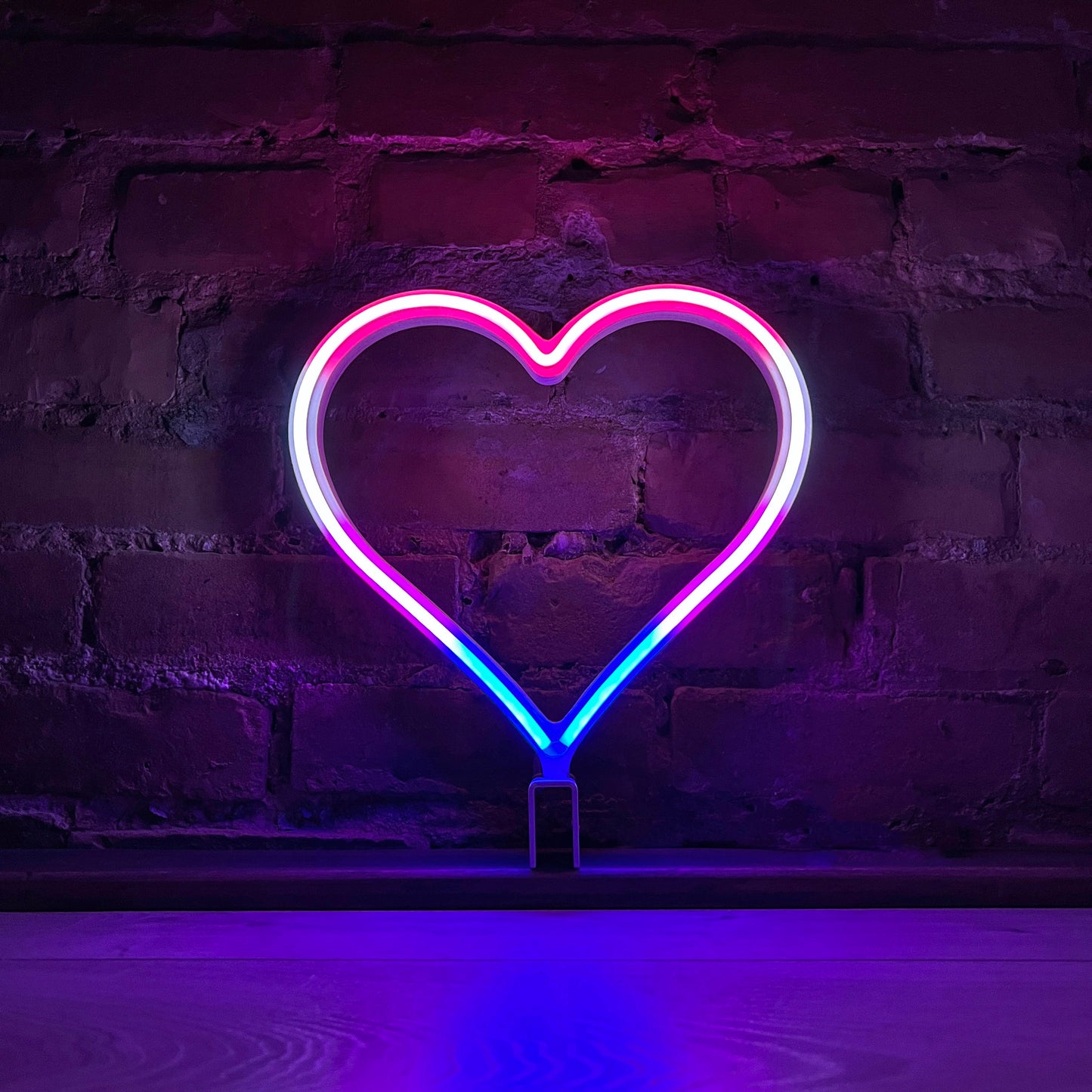 Neon Queer Heart art in genderfluid pride flag colors - pink white and blue LED neon heart light mode by Our Glowing Hearts