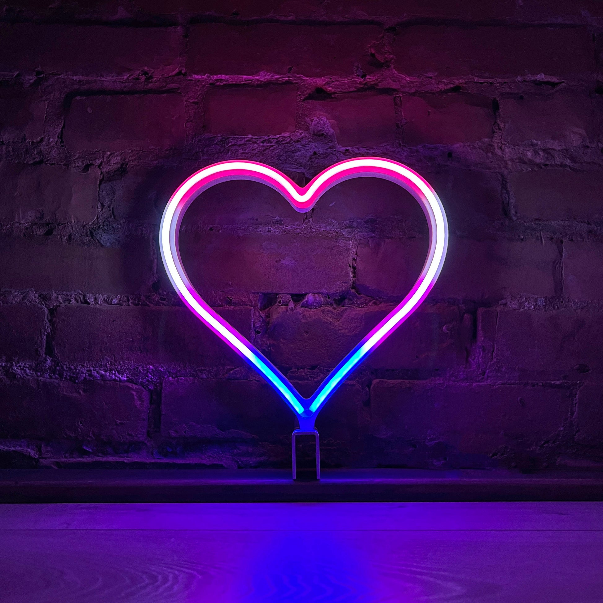 Neon Queer Heart art in genderfluid pride flag colors - pink white and blue LED neon heart light mode by Our Glowing Hearts