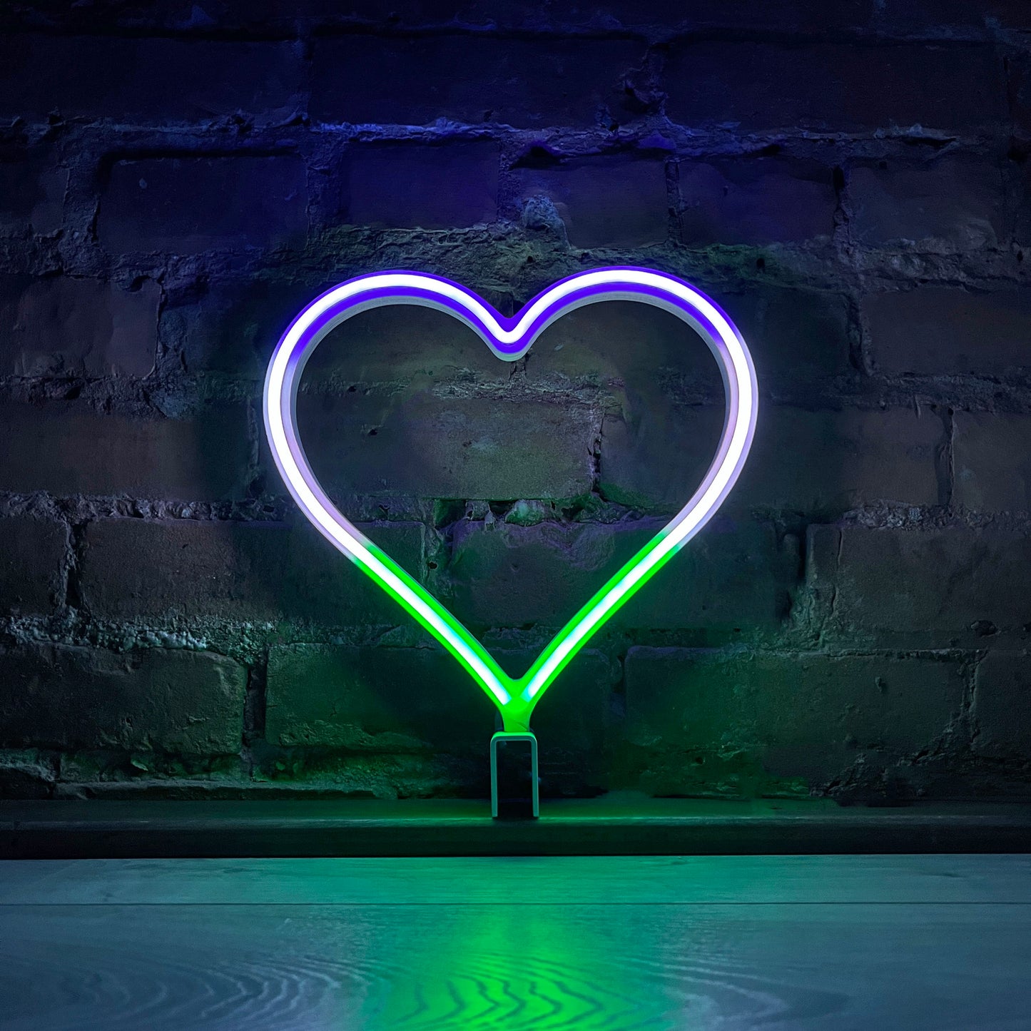 Neon Queer Heart art in genderqueer pride flag colors - purple white and green LED neon heart light mode by Our Glowing Hearts