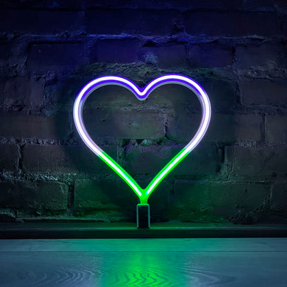 Neon Queer Heart art in genderqueer pride flag colors - purple white and green LED neon heart light mode by Our Glowing Hearts
