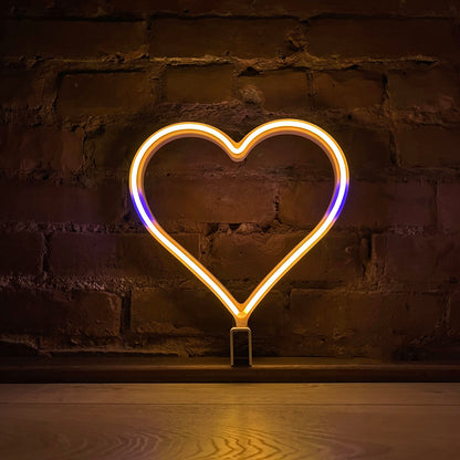 Neon Queer Heart art in intersex pride flag colors - orange yellow and purple LED neon heart light mode by Our Glowing Hearts