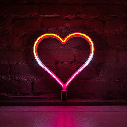 Neon Queer Heart art in lesbian pride flag colors - red orange yellow white and pink LED neon heart light mode by Our Glowing Hearts