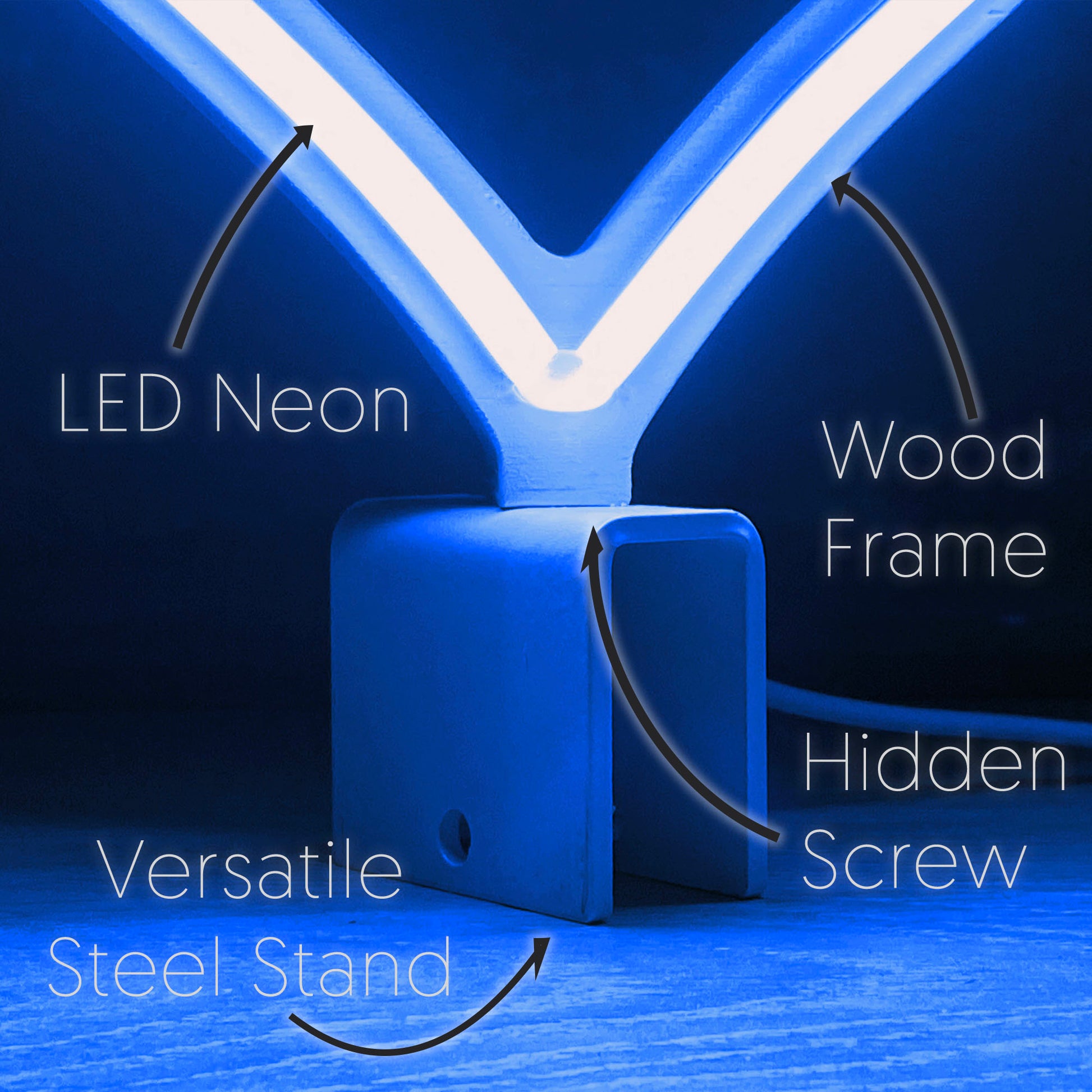 Close-up of mini cyan neon heart art construction showing LED neon tubing wood frame hidden screw mount and versatile steel baseplate stand by Our Glowing Hearts