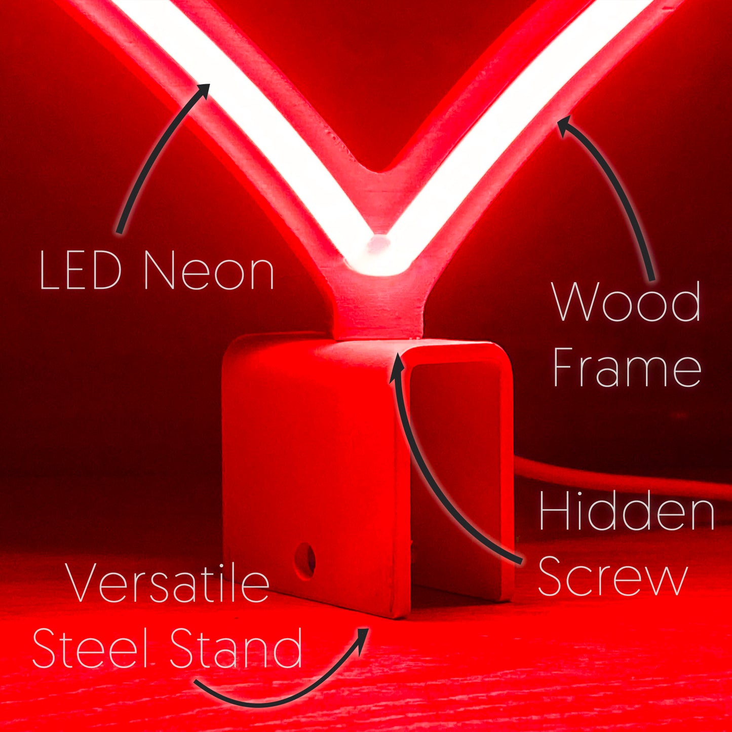 Close-up of mini red neon heart art construction showing LED neon tubing wood frame hidden screw mount and versatile steel baseplate stand by Our Glowing Hearts