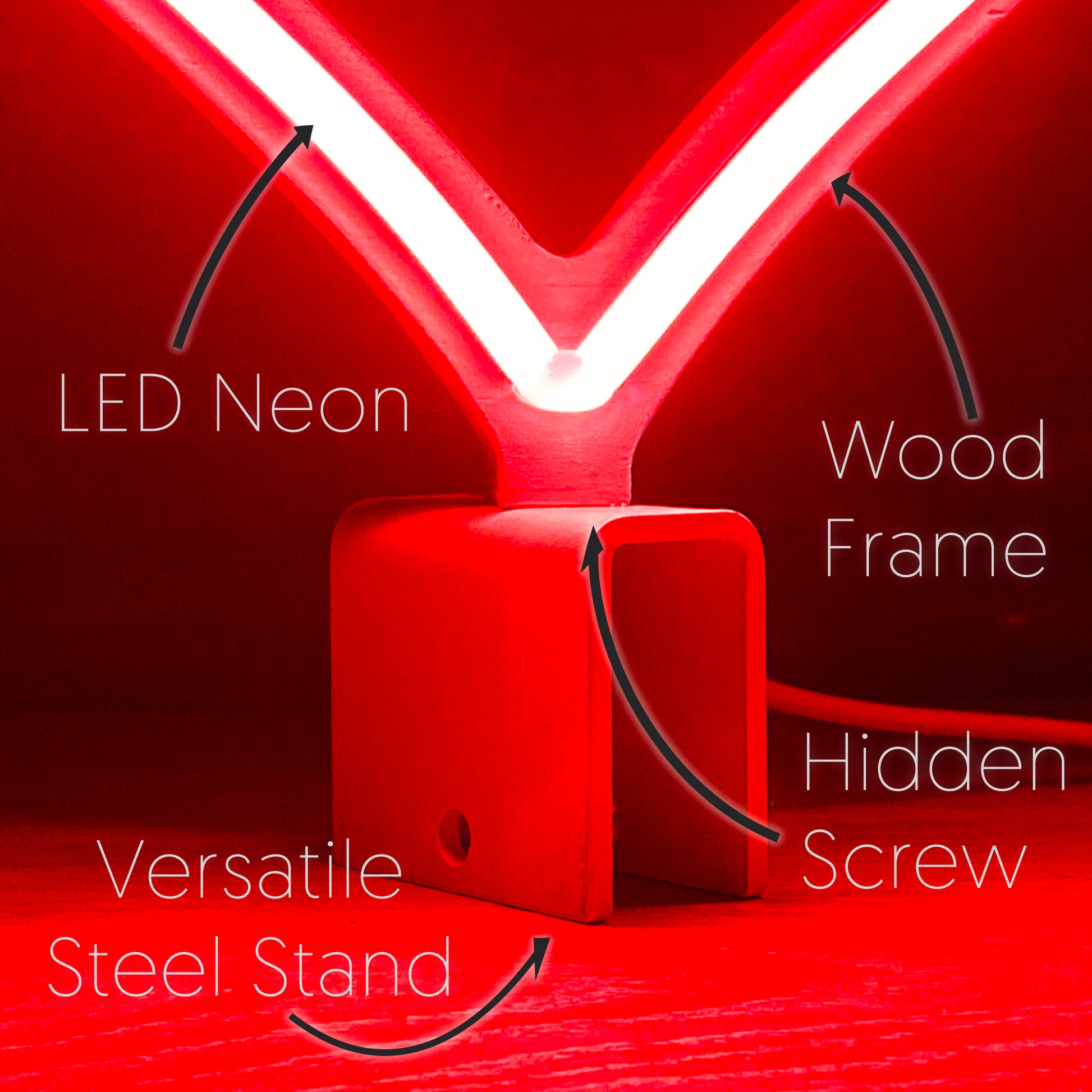 Close-up of mini red neon heart art construction showing LED neon tubing wood frame hidden screw mount and versatile steel baseplate stand by Our Glowing Hearts