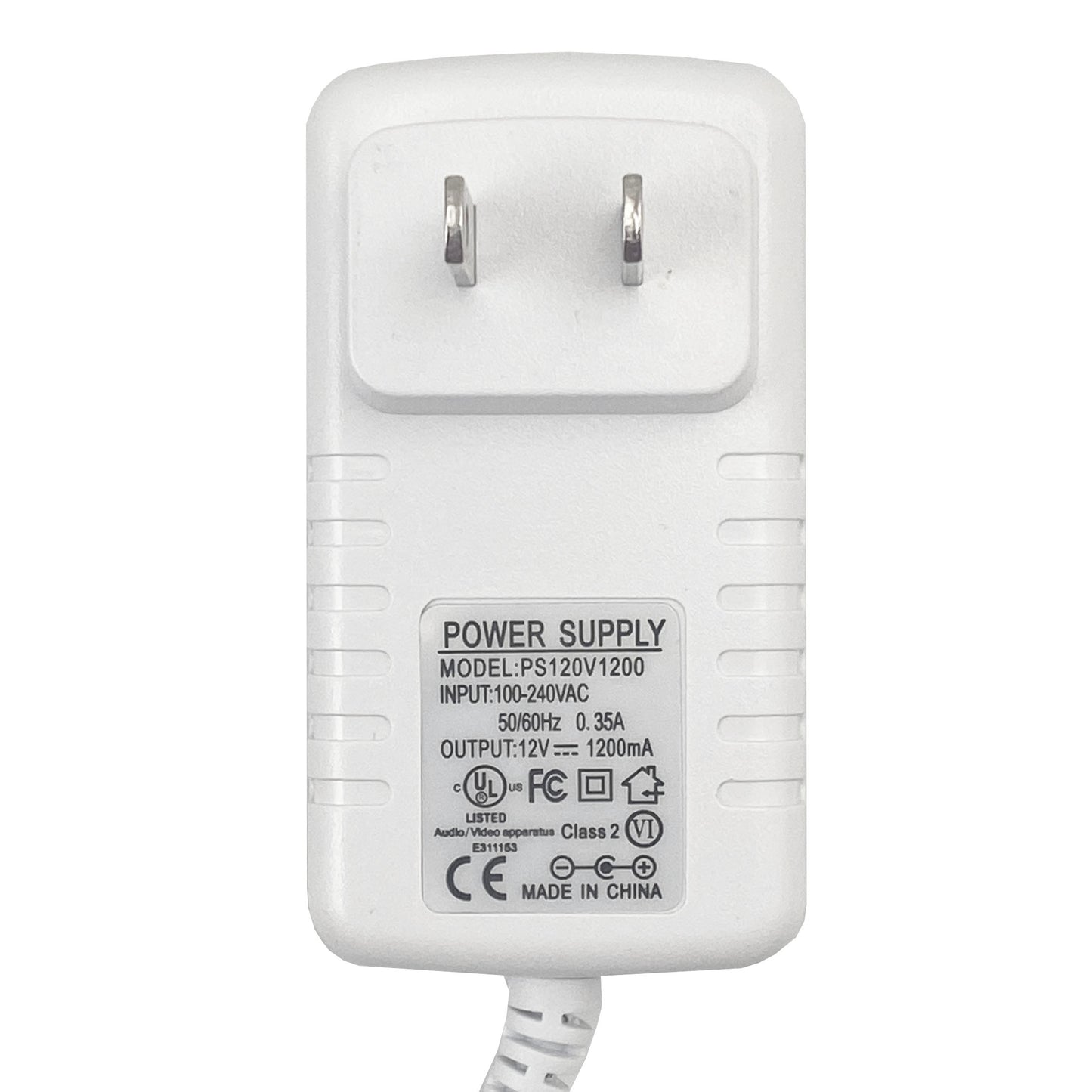 Close-up of replacement 12V 1200mA power supply specs label and North American plug for MINI Neon Hearts by Our Glowing Hearts