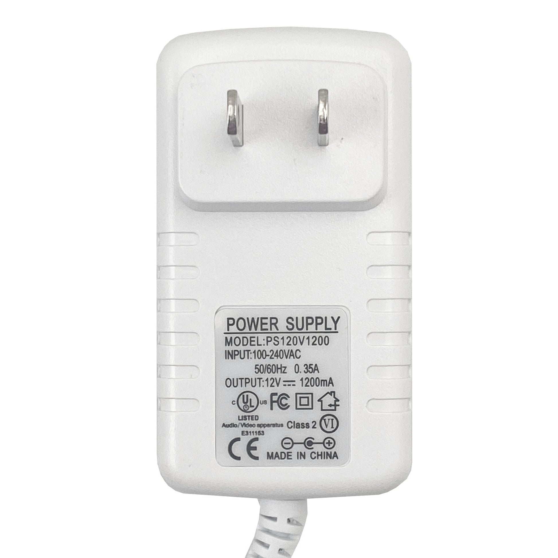 Close-up of replacement 12V 1200mA power supply specs label and North American plug for MINI Neon Hearts by Our Glowing Hearts