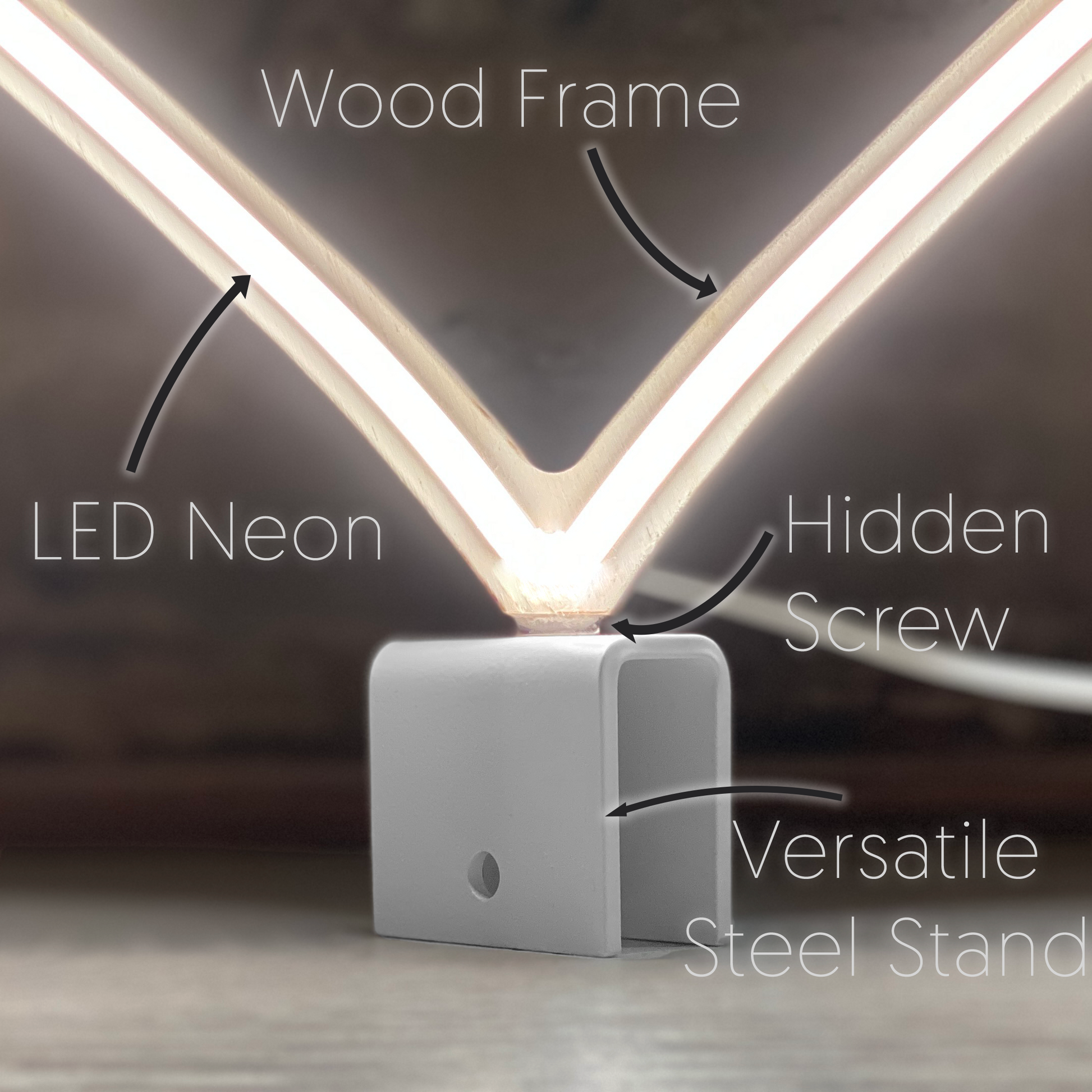 Close-up of neon heart art construction showing handcrafted wood frame, LED neon tubing, hidden screw mount, and versatile steel baseplate stand by Our Glowing Hearts